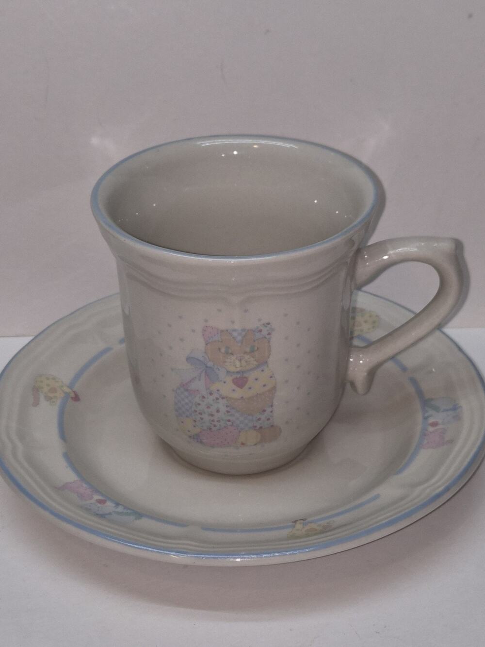 Tienshan Calico Cats Vintage 90s Stoneware Coffee Mug Cup & Saucer Set-Cottage